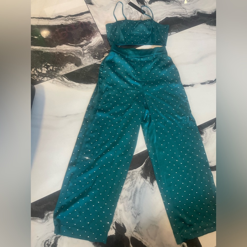 House Of Harlow 1960 Teal Jumpsuit With White Dots